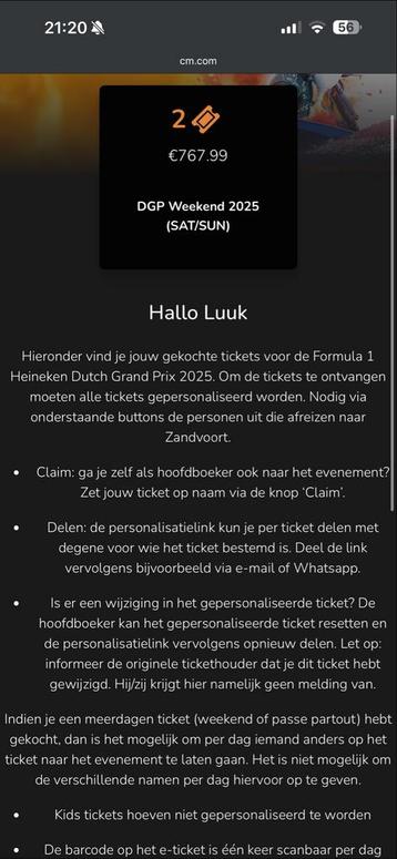 Twee tickets Dutch GP zaterdag & zondag (RIJ 1/ARENA OUT) beschikbaar voor biedingen