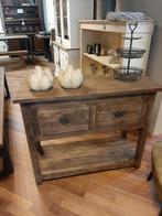 Stoere oud teakhouten sidetable 2 lades plateau  100 cm, Ophalen, 100 tot 150 cm, Teakhout, Nieuw