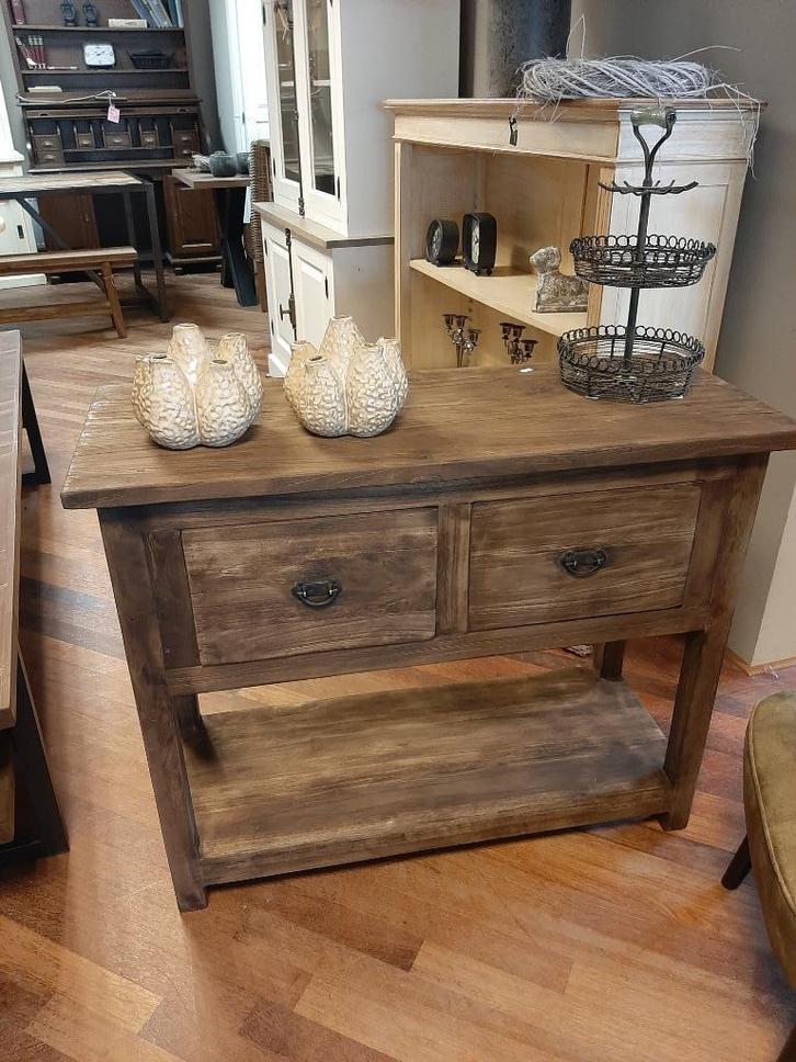 Stoere oud teakhouten sidetable 2 lades plateau  100 cm, Huis en Inrichting, Tafels | Sidetables, Nieuw, 25 tot 50 cm, 100 tot 150 cm