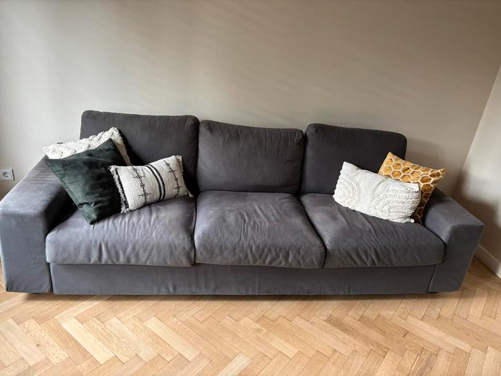 Grijze, driezits bank, Huis en Inrichting, Banken | Bankstellen, Gebruikt, Rechte bank, Driepersoons, 250 tot 300 cm, 75 tot 100 cm