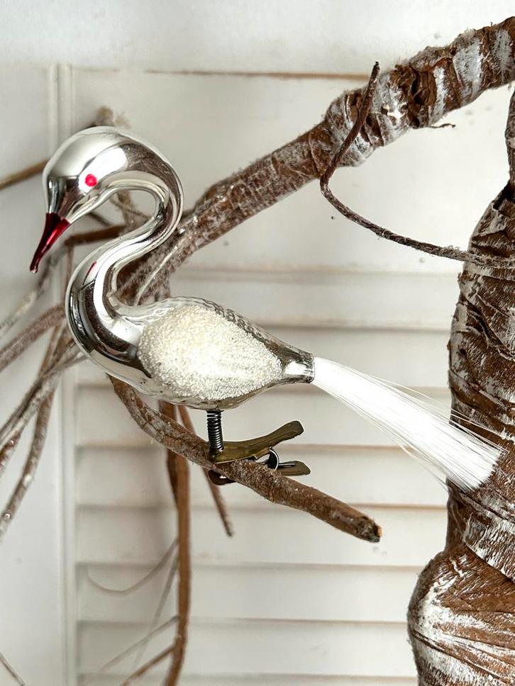 Vintage glas kerstbal vogel zwaan kraanvogel zilver op clip, Diversen, Kerst, Ophalen