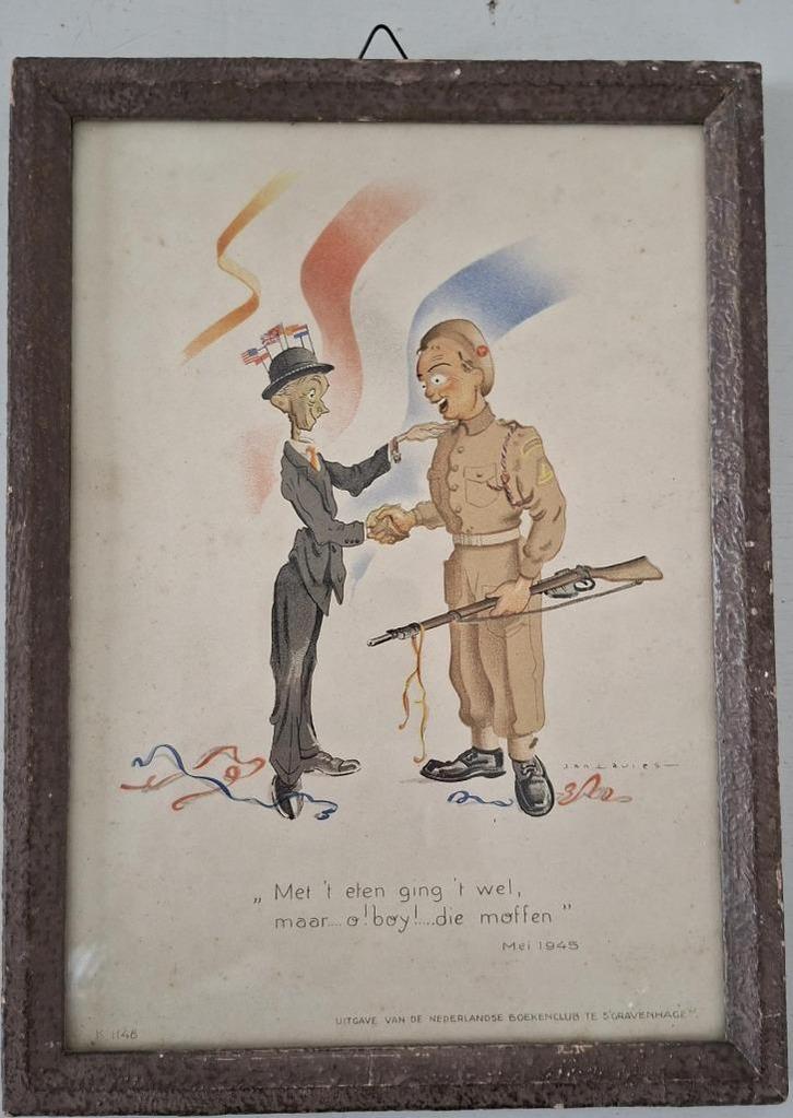 vintage prent spotprent Tweede Wereldoorlog Jan Lavies 1945, Verzamelen, Militaria | Tweede Wereldoorlog, Overige soorten, Kunstobject