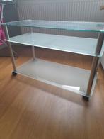 Salontafel/TV meubel glas en metaal op wieltjes, Huis en Inrichting, Gebruikt, Glas, Minder dan 100 cm, Modern