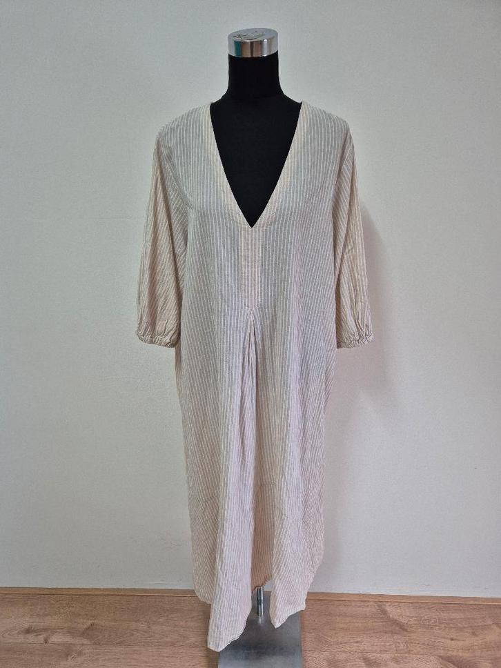 J4 - Lange beige-witte katoenen H&M jurk maat XL (1), Kleding | Dames, Jurken, Zo goed als nieuw, Maat 46/48 (XL) of groter, Beige