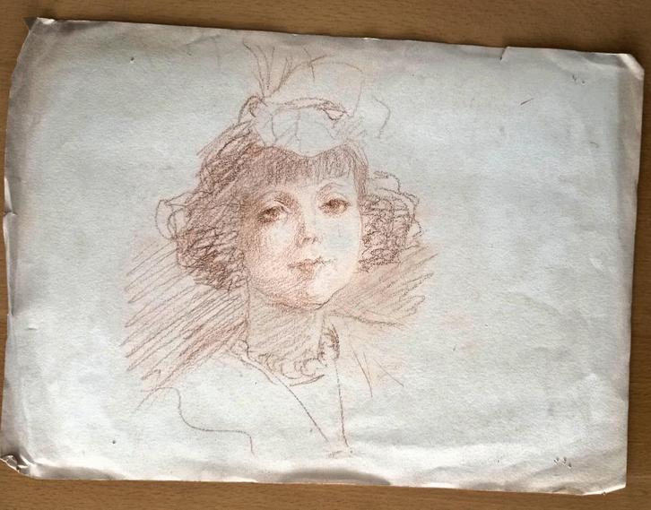 A493-64 Oude tekening meisje met strik rood potlood, Antiek en Kunst, Antiek | Boeken en Bijbels, Ophalen of Verzenden