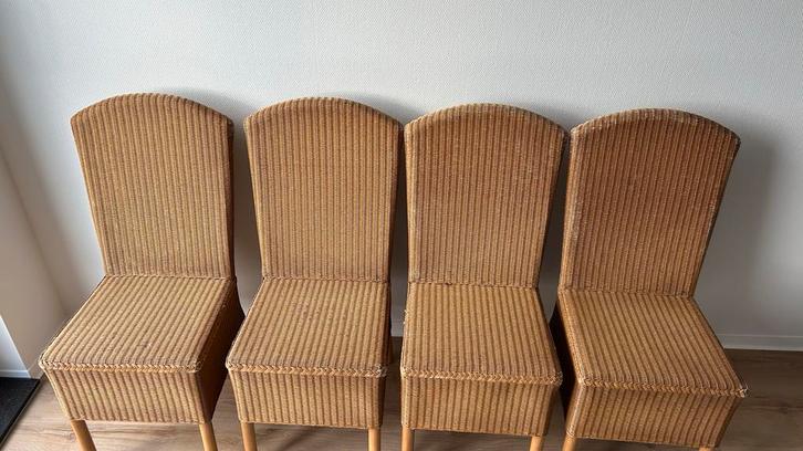 Rieten Eetkamerstoelen - Set van 4, Huis en Inrichting, Stoelen, Gebruikt, Vier, Riet of Rotan, Bruin, Ophalen