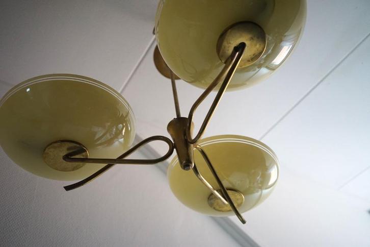 vintage art deco hanglamp 3 glazen schaal kap creme messing., Antiek en Kunst, Antiek | Lampen, Ophalen of Verzenden