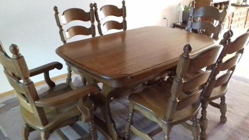 Massief eiken eetkamertafel met 6 stoelen, Huis en Inrichting, Complete eetkamers, Gebruikt, 4 tot 6 stoelen, Ophalen