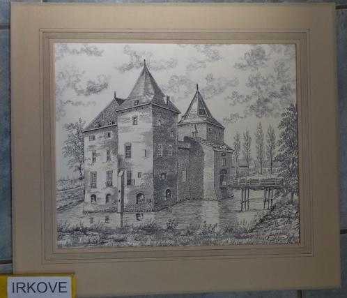 KASTEEL IN DORP * Mooie Ets Gesigneerd *, Antiek en Kunst, Kunst | Etsen en Gravures, Verzenden
