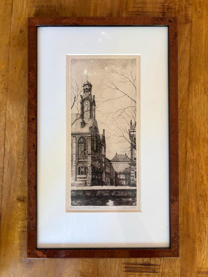 Academiegebouw Leiden - Ingelijste Print, Antiek en Kunst, Kunst | Etsen en Gravures, Ophalen of Verzenden