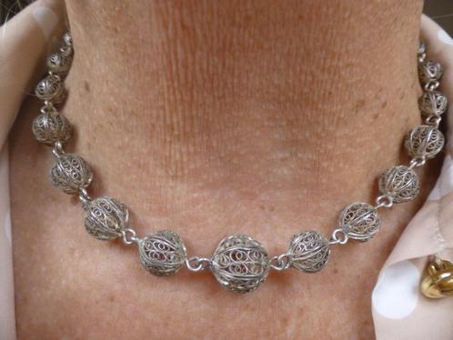 Antiek Zilveren Filigrein Collier / 42 cm, Sieraden, Tassen en Uiterlijk, Antieke sieraden, Ketting, Zilver, Verzenden