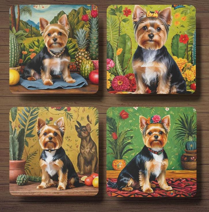 Yorkshire Terriër Frida Kahlo onderzetters met houder, Huis en Inrichting, Woonaccessoires | Onderzetters, Nieuw, Glas of Kopje