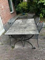 Zeer zware stenen blad met onder stel en 4 stoelen, Tuin en Terras, Ophalen, Gebruikt, Eettafel, Tuinset