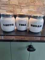 Wit emaille bolle Koffie, Thee, Suiker Potten met zwarte let, Ophalen of Verzenden