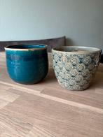 2x keramiek bloempotten in petrol kleur, Rond, Zo goed als nieuw, Aardewerk, Tuin