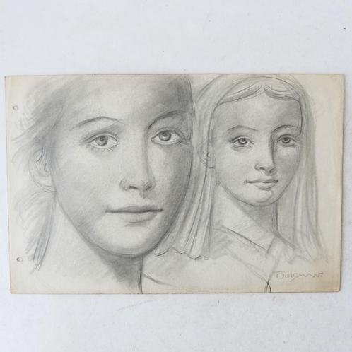 Claes Huisman (1885-1973) - tekening 2 meisjesportretten, Antiek en Kunst, Kunst | Tekeningen en Foto's, Verzenden