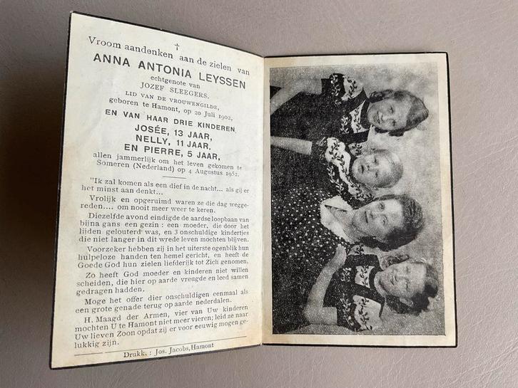 Prentje Anna Antonia Leyssen en haar 3 kinderen Someren 1953, Verzamelen, Bidprentjes en Rouwkaarten, Bidprentje, Ophalen of Verzenden