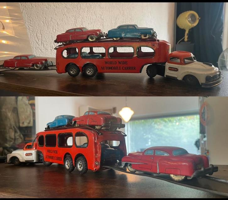 Jaren 50 tinnen Ford Auto Transporter met 4 Cadillacs, Antiek en Kunst, Antiek | Speelgoed, Ophalen of Verzenden