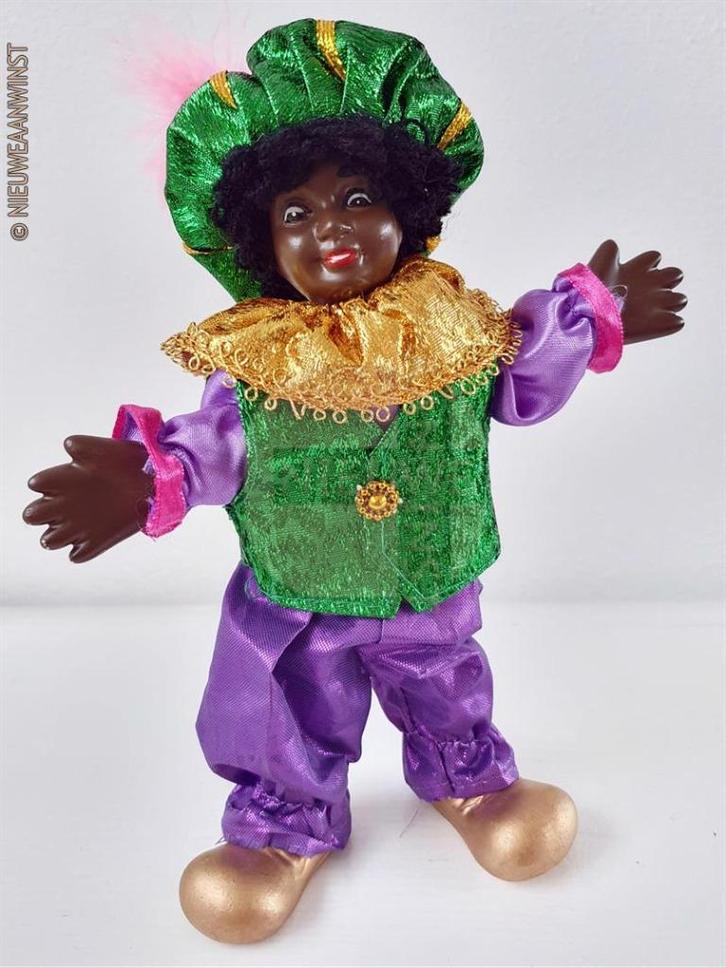 Authentieke etalage zwarte Piet pop - 22cm, paars/groen/goud, Diversen, Sinterklaas, Zo goed als nieuw, Verzenden