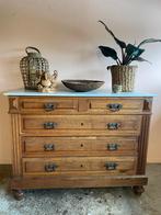 Vintage houten commode met lades en wit marmeren blad, Huis en Inrichting, Ophalen, Gebruikt, 100 tot 150 cm, 5 laden of meer