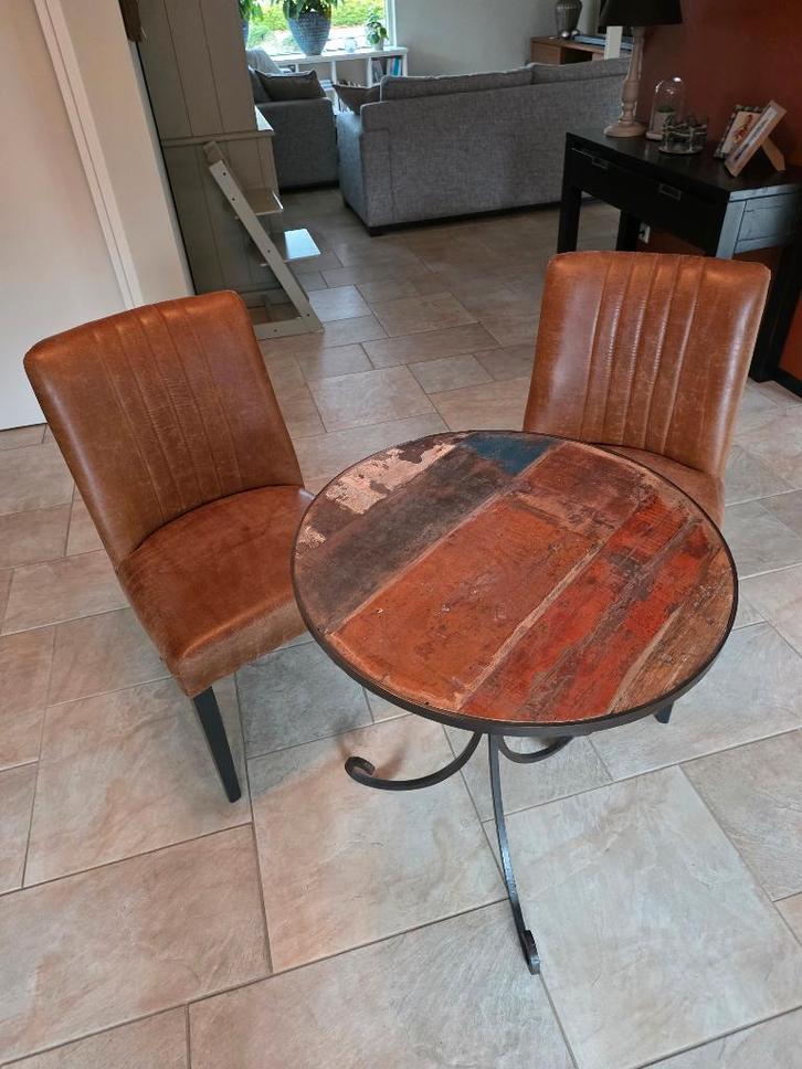 Tafeltje met twee stoelen, Huis en Inrichting, Stoelen, Gebruikt, Twee, Hout, Leer, Metaal, Bruin, Ophalen of Verzenden