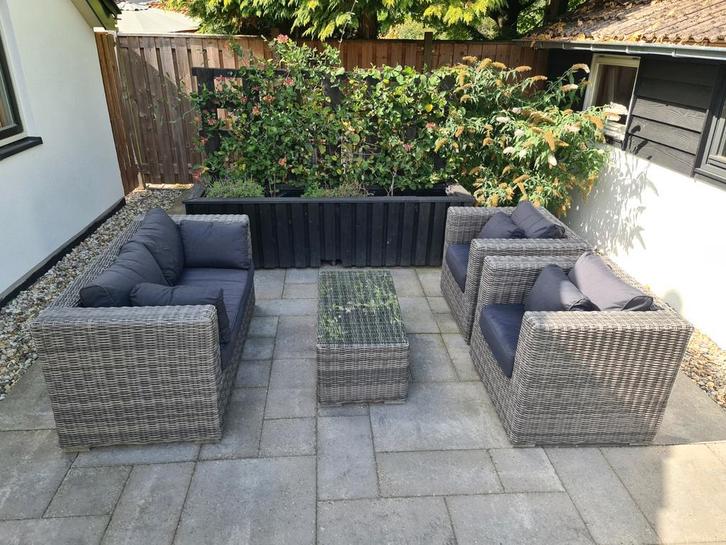 Loungeset (2 stoelen, 1 bank, 1 tafel en bijbehorende acc.), Tuin en Terras, Tuinsets en Loungesets, Gebruikt, Loungeset, Kunststof