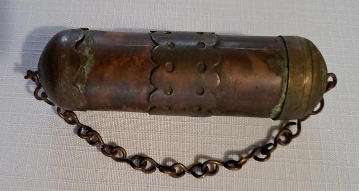 Antieke tondeldoos rood en geel koper voorloper lucifer, Antiek en Kunst, Antiek | Koper en Brons, Koper, Verzenden