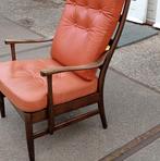 Vintage Deense Fauteuil-loungestoel in hout en leer, Ophalen, Gebruikt, Minder dan 75 cm, Leer