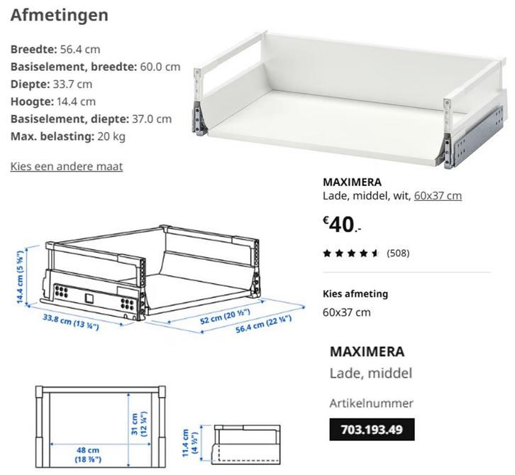 IKEA Maximera lade, middel, wit, Huis en Inrichting, Keuken | Keukenelementen, Nieuw, Minder dan 100 cm, 50 tot 100 cm, 25 tot 50 cm