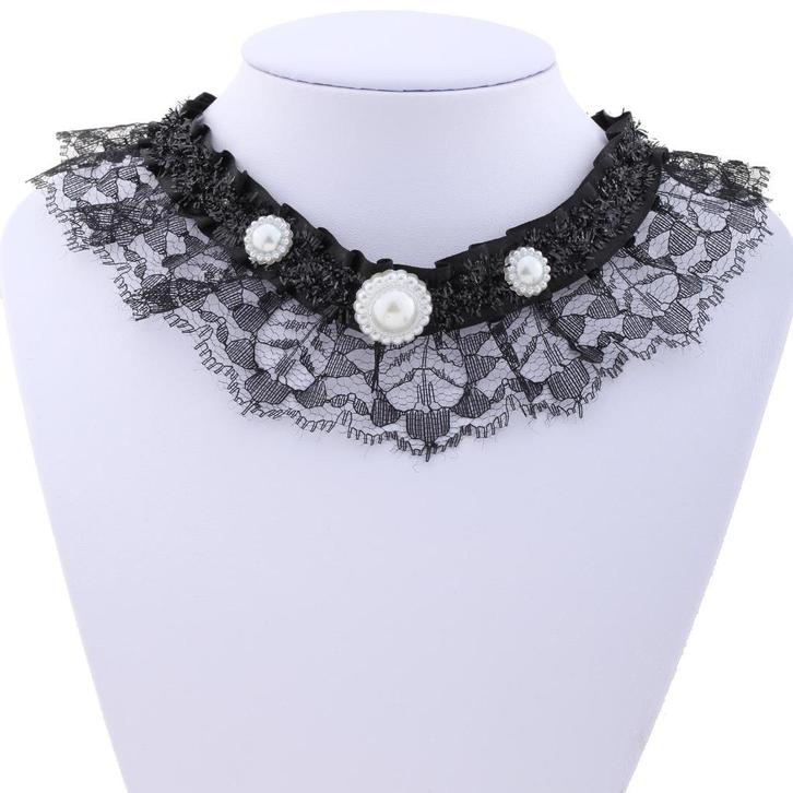 Zwarte voile choker ketting met parelmoer bloemetje, Sieraden, Tassen en Uiterlijk, Kettingen, Nieuw, Overige materialen, Zwart