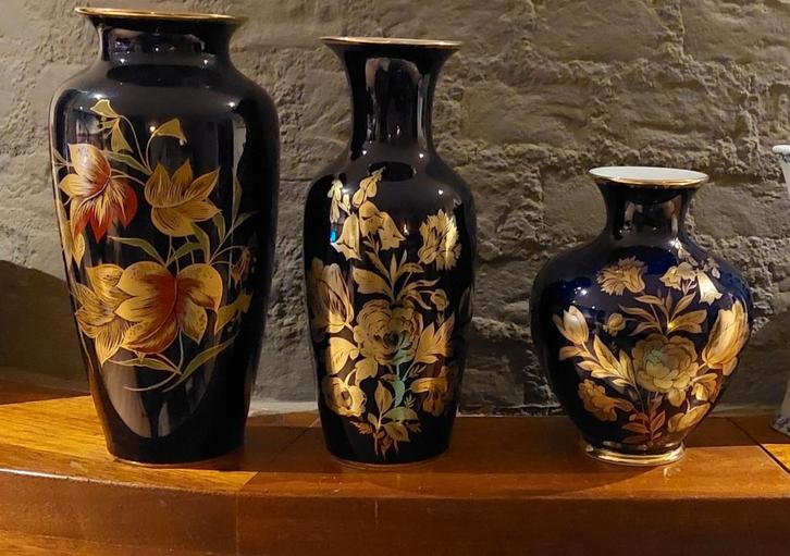 Drie Kobalt Blauwe Royal Porzellan Bavaria Vazen, Antiek en Kunst, Antiek | Vazen, Ophalen