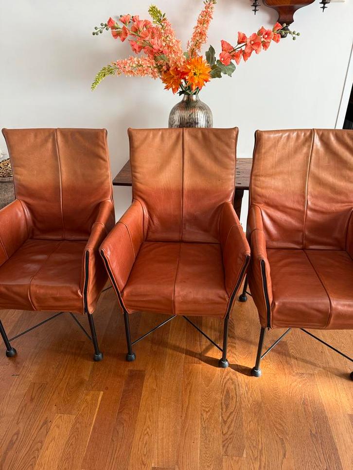 Montis Chaplin eetkamerstoelen van leer cognac kleur, Huis en Inrichting, Stoelen, Gebruikt, Vier, Leer, Bruin, Ophalen