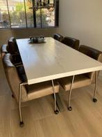 Massief witte eiken eettafel 220x100 cm, metalen kruispoot, Ophalen, Gebruikt, Eikenhout, 200 cm of meer