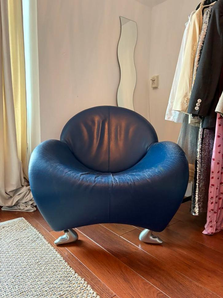 Leolux Papageno fauteuil | design | leer | blauw, Huis en Inrichting, Fauteuils, Gebruikt, Leer, 50 tot 75 cm, 75 tot 100 cm, Ophalen