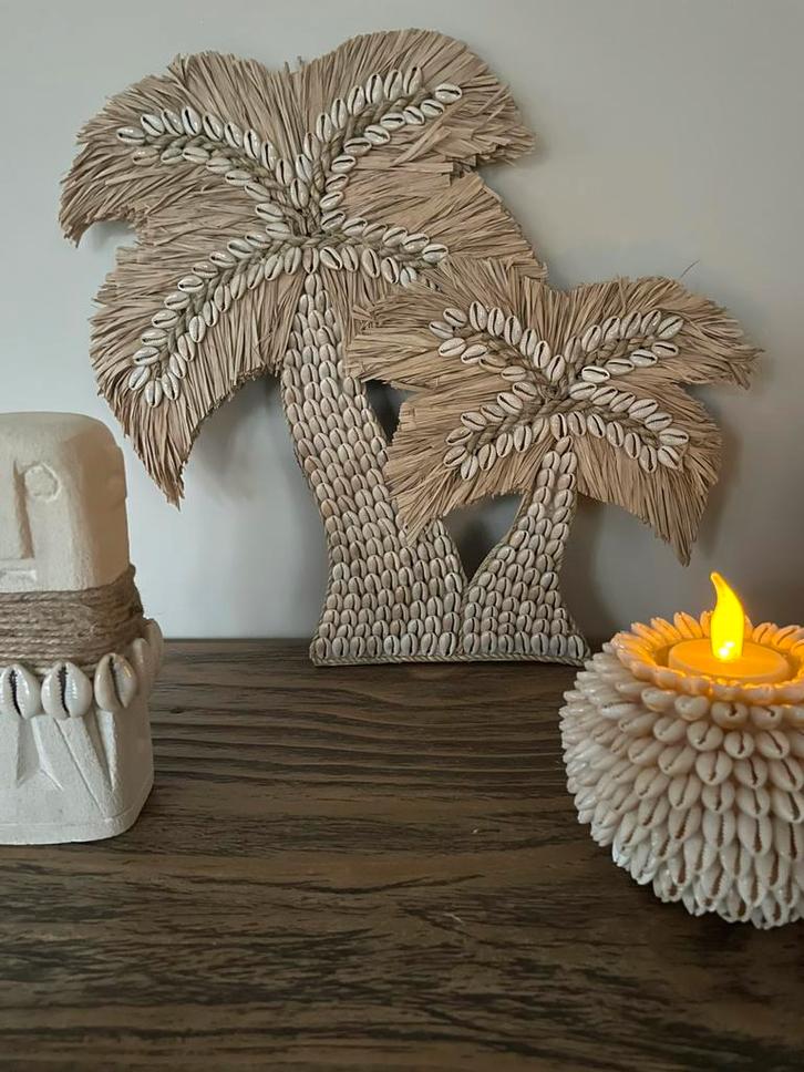 Nieuw duo schelpen raffia palmboom, Huis en Inrichting, Woonaccessoires | Wanddecoraties, Nieuw, Ophalen of Verzenden