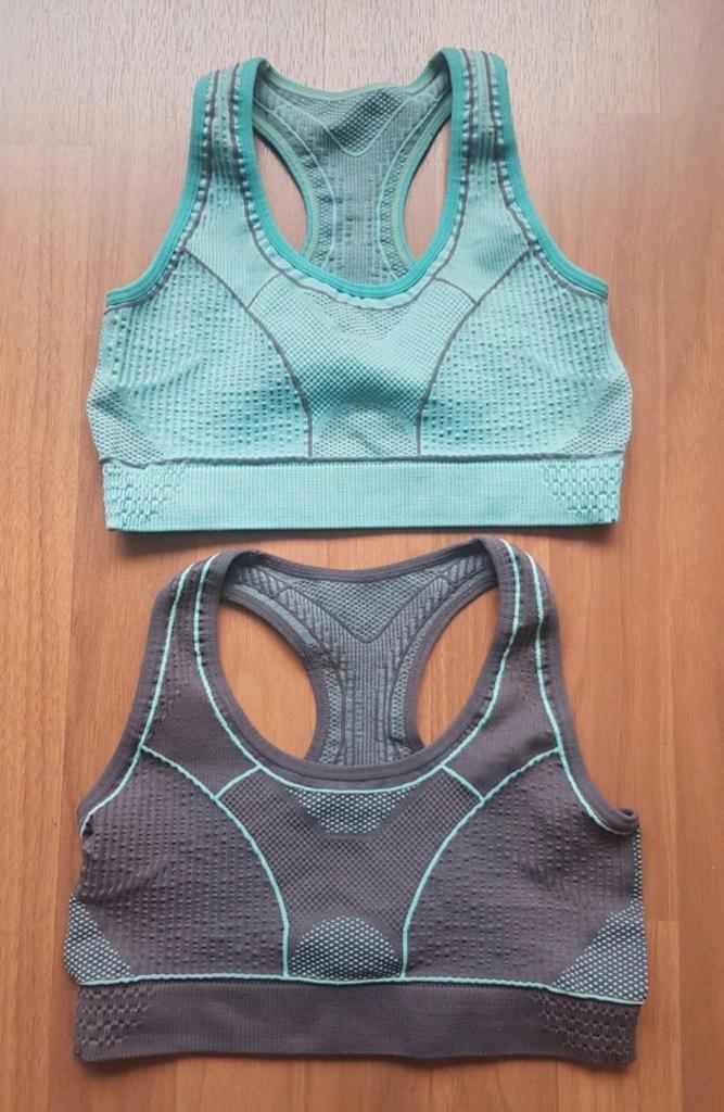 2 sportbeha's mint en grijs, maat S, Kleding | Dames, Sportkleding, Zo goed als nieuw, Fitness of Aerobics, Maat 36 (S), Grijs