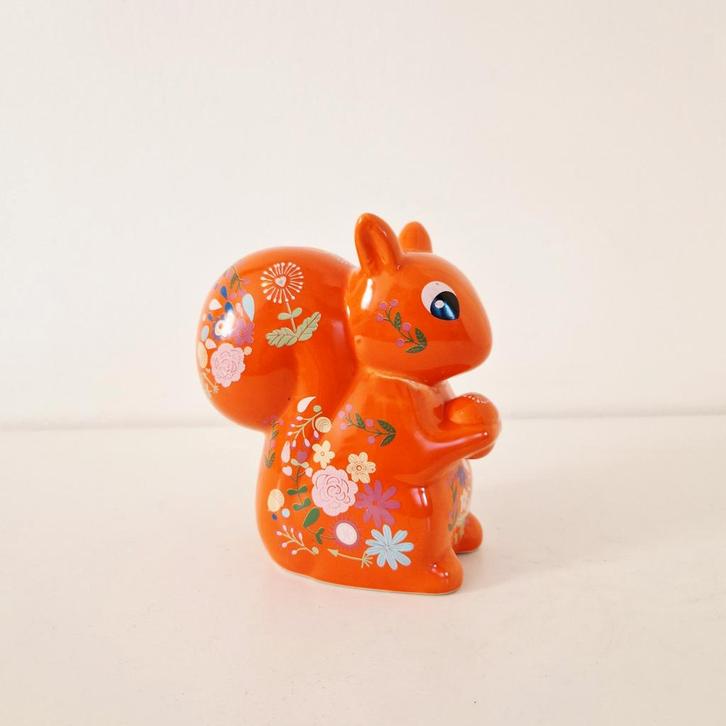 Retro oranje spaarpot eekhoorn beeldje flower power, Verzamelen, Retro, Huis en Inrichting, Ophalen of Verzenden