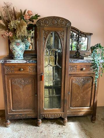 Unieke art deco houten kast vitrine marmeren blad beschikbaar voor biedingen