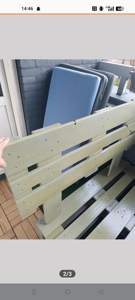 Palletbank met kussens, Tuin en Terras, Tuinbanken, Gebruikt, Hout, Ophalen of Verzenden