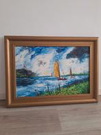 Schilderij van J. Veenstra '89 - Zeilboten op het water, Antiek en Kunst, Ophalen of Verzenden
