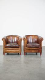 Set van 2 stoere cognac-kleurige schapenleren clubfauteuils, Huis en Inrichting, Fauteuils, Ophalen, Gebruikt, ., Vintage