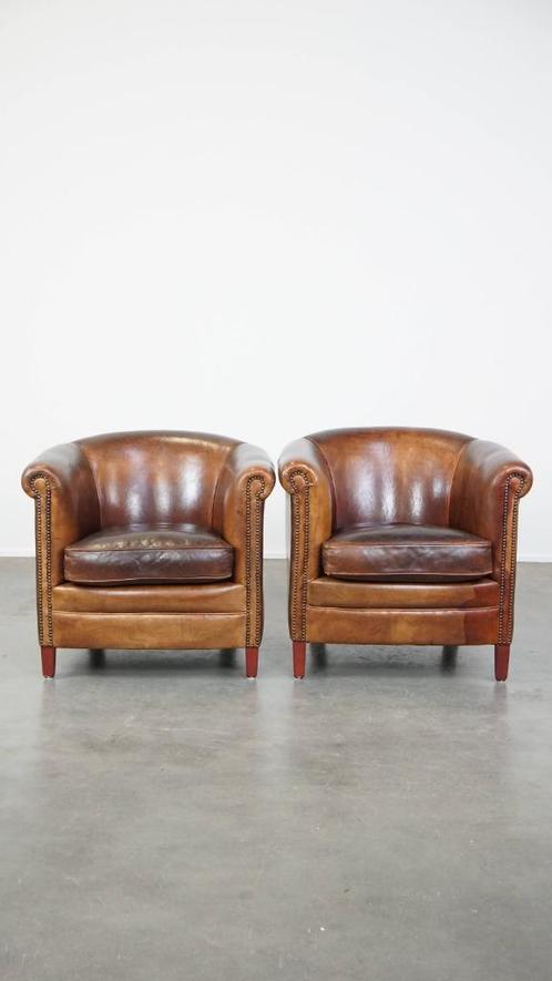 Set van 2 stoere cognac-kleurige schapenleren clubfauteuils, Huis en Inrichting, Fauteuils, Gebruikt, Leer, 75 tot 100 cm, 75 tot 100 cm