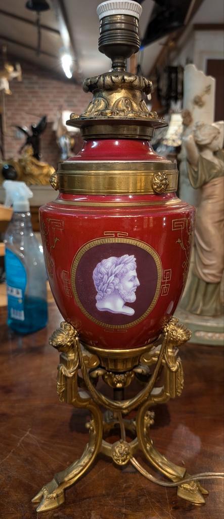 Antieke staande lamp verguld brons porselein 47 cm. 480, Antiek en Kunst, Antiek | Lampen, Ophalen