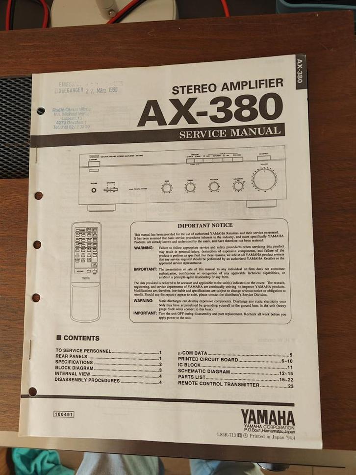 Yamaha AX-380 Service Manual - Reparatiehandleiding, Boeken, Catalogussen en Folders, Ophalen of Verzenden