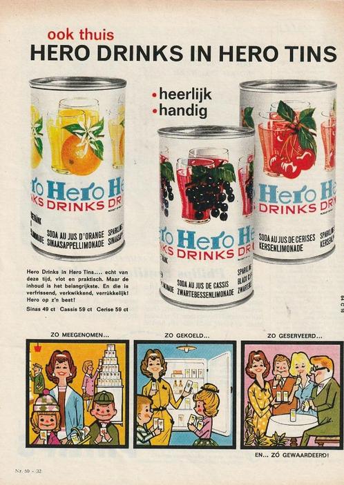 Retro reclame 1964 Hero frisdrank in blikjes tins, Verzamelen, Retro, Overige typen, Verzenden