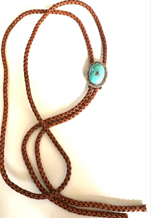 Vintage Navajo zilveren Bolo met grote turquoise steen, Sieraden, Tassen en Uiterlijk, Kettingen, Gebruikt, Zilver, Zilver, Met edelsteen