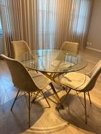 Glazen tafel met gouden poten + 4 Kickcollection stoelen, Huis en Inrichting, Complete eetkamers, Ophalen, Zo goed als nieuw, 4 tot 6 stoelen