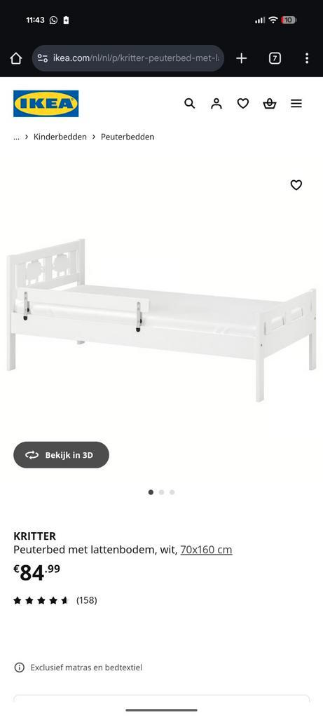 Ikea Kritter peuterbed met lattenbodem, Kinderen en Baby's, Kinderkamer | Bedden, Gebruikt, 140 tot 160 cm, 70 tot 85 cm, Lattenbodem