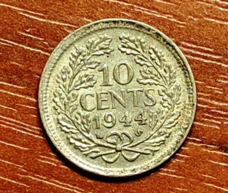 Zilveren 10 Cent (Dubbeltje) Kon. Wilhelmina 1944 S, Postzegels en Munten, Munten | Nederland, Losse munt, 10 cent, Koningin Wilhelmina