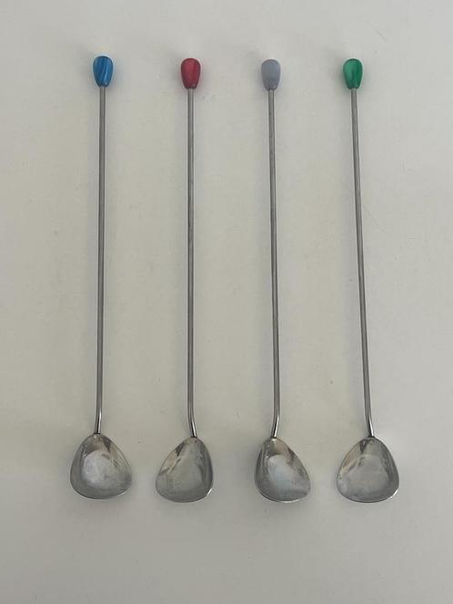 4 retro ijs- cocktail-. Macchiato lepels met gekleurde dop, Antiek en Kunst, Curiosa en Brocante, Ophalen of Verzenden